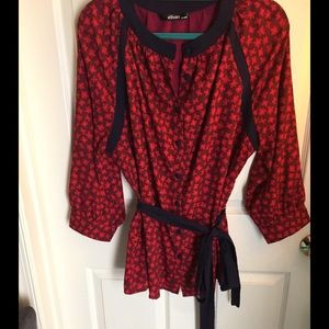 Like new - red floral button blouse w/ sash belt